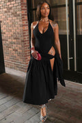 Women's V-Neck Bodysuit Wrap Skirt Set Black