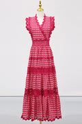 Women's Laser Cut Wavy Trim Maxi Dress Pink