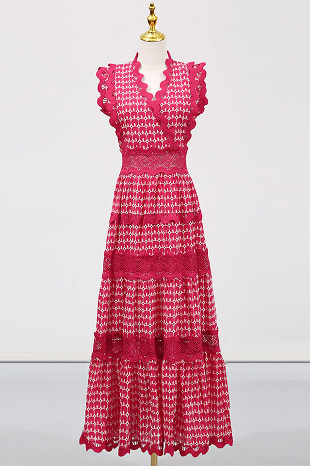 Women's Laser Cut Wavy Trim Maxi Dress Pink