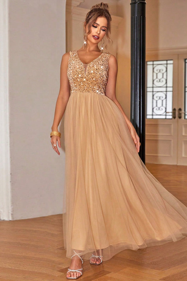 Women's Sleeveless Party Dress With Sequins Beige