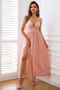 Women's Rhinestone Ruched Split Thigh Cami Formal Dress Dusty Pink
