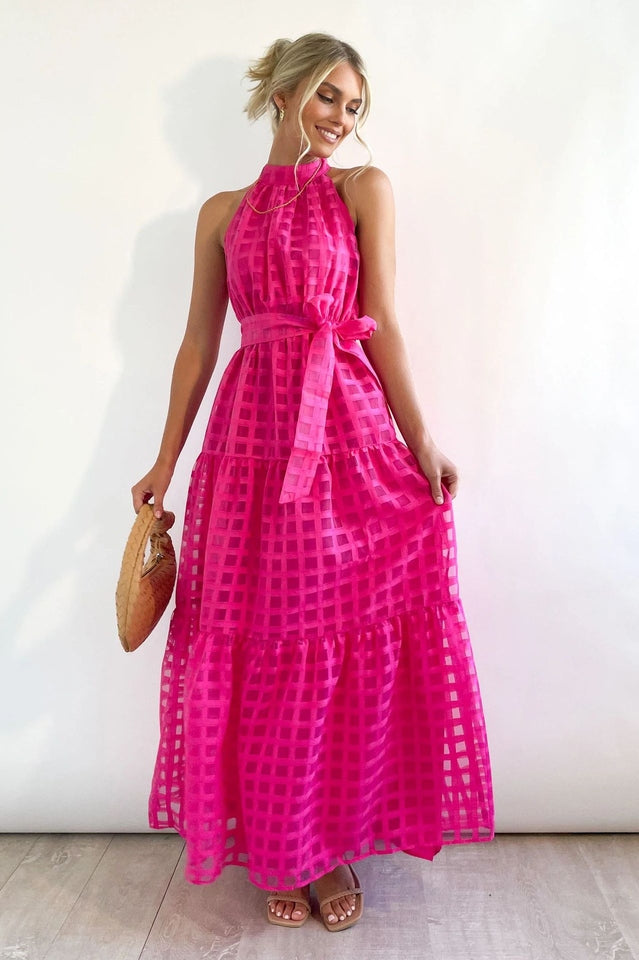 Women's Check Halter Neck Tie Waist Maxi Dress