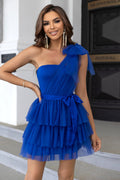 Women's One Shoulder Layered Hem Belted Dress Royal