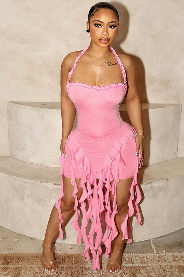 Women's Ruffle Tassel Halter Bustier Mini Dress