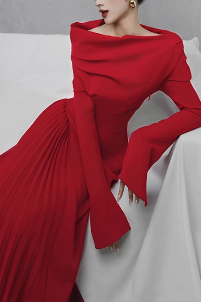 Women's Pleated Patchwork Slit Red Dress Red