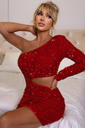 Women's One Shoulder Cut Out Sequins Bodycon Dress Red