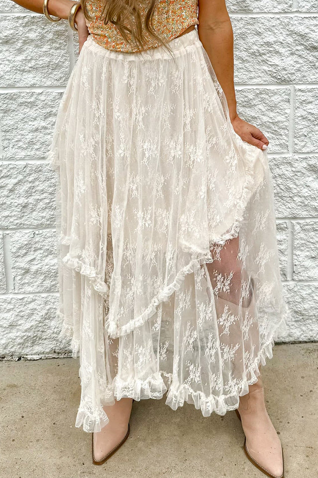 Women's Lace Cascading Tiered Maxi Skirt Beige