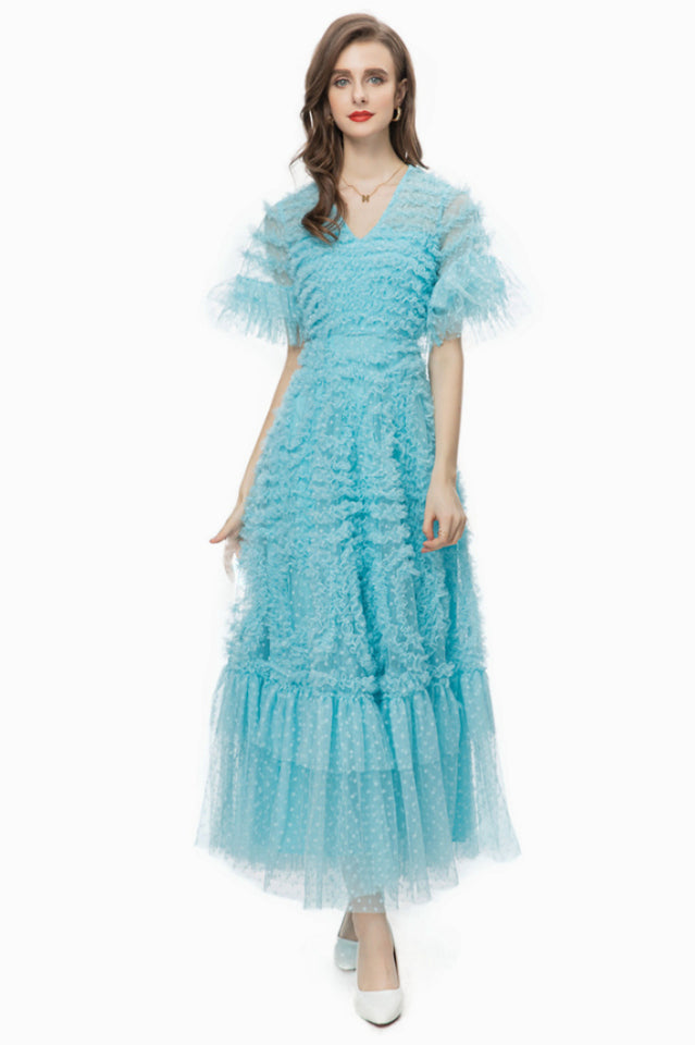 Women's Ruffle Tiered Spotted Tulle Maxi Dress