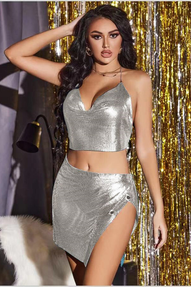 Women's Grizelda Halter Top + Mini Skirt Set Silver