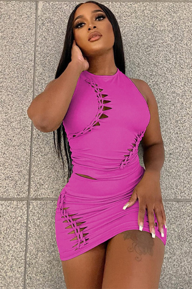 Women's Hollow Out Bodycon Skirt Set Hot Pink