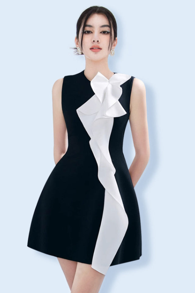 Women's Contrast Color Patchwork Ruffle Mini Dress Black