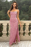 Women's Sequin Backless Split Maxi Dress Pink