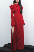 Women's Pleated Patchwork Slit Red Dress