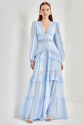 Women's Lorie Long Sleeve Ruffle Gown Light Blue