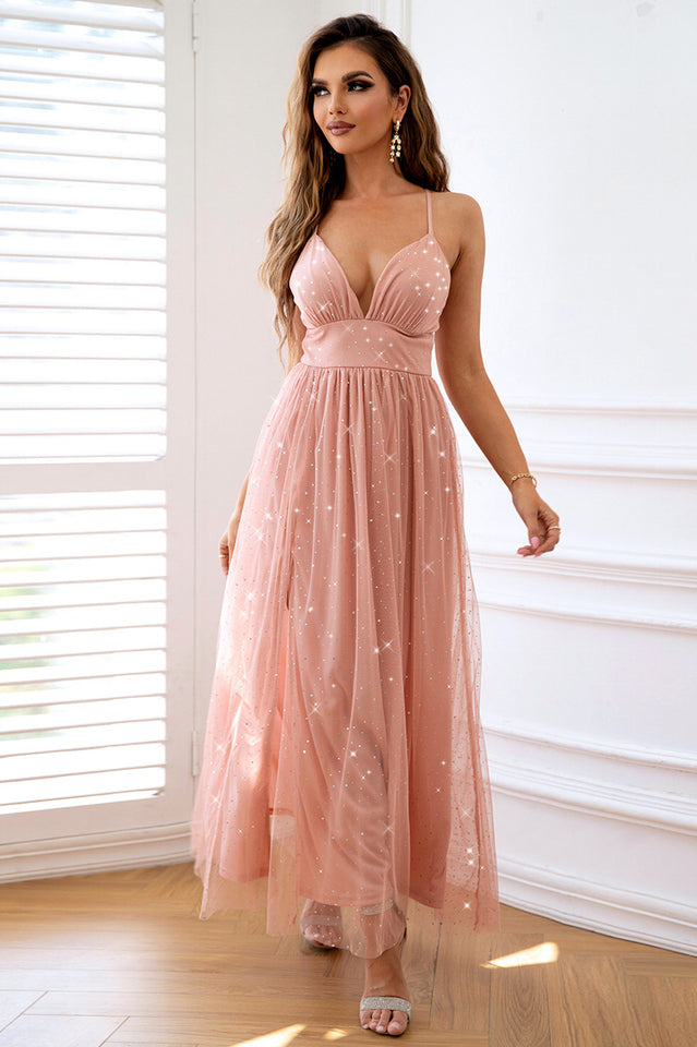 Women's Rhinestone Ruched Split Thigh Cami Formal Dress Dusty Pink