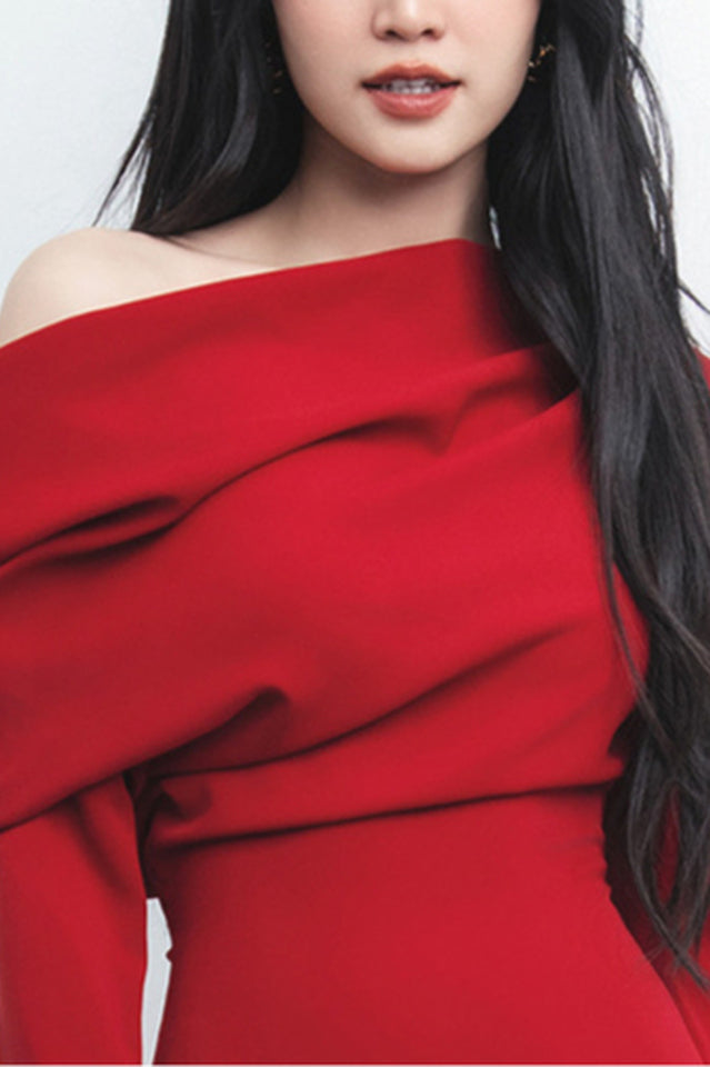 Women's Pleated Patchwork Slit Red Dress