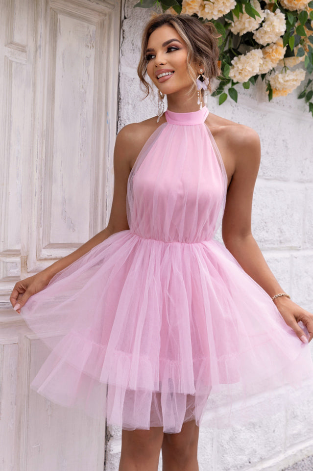 Women's Halter Neck Backless Mesh Dress Blush
