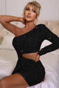 Women's One Shoulder Cut Out Sequins Bodycon Dress Black