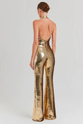 Women's Halter Draped Sequin Jumpsuit