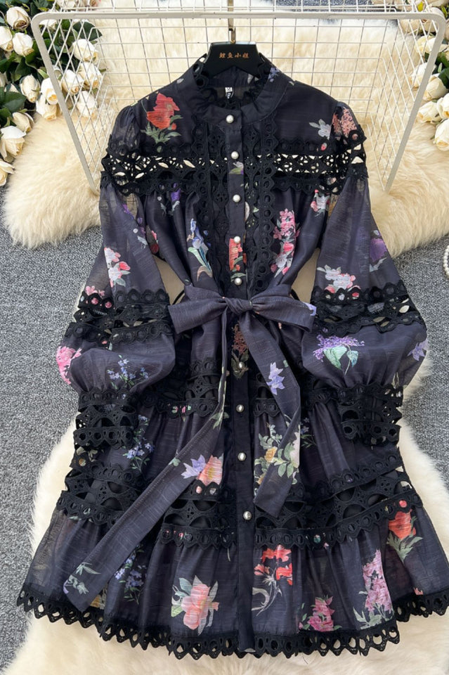 Women's Alice Floral Print Lace Panelled Mini Dress Black