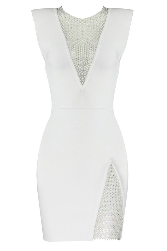 Women's Rhinestone Detail Spliced Dress White
