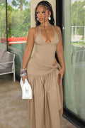 Women's V-Neck Bodysuit Wrap Skirt Set Khaki