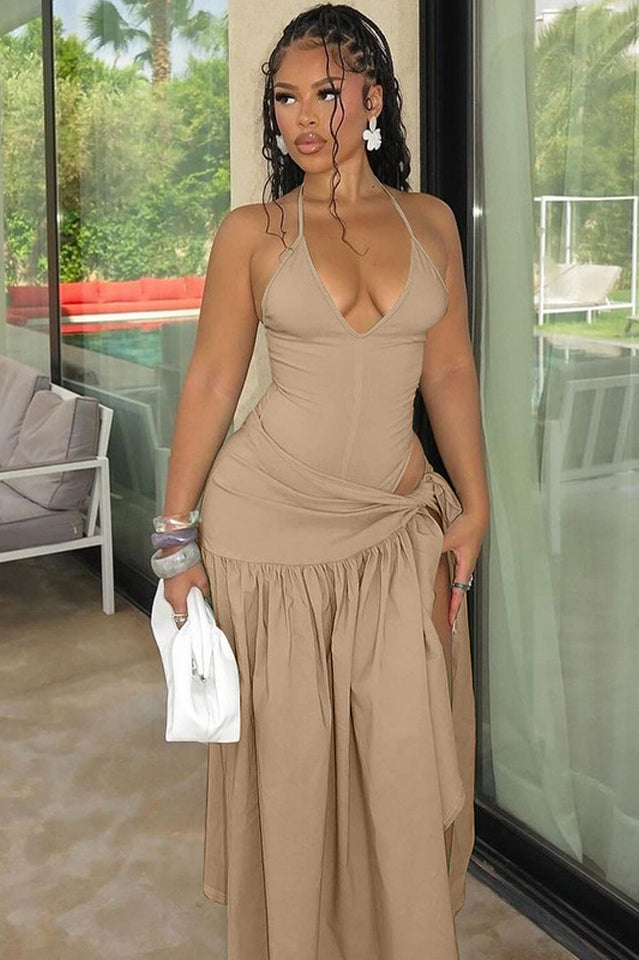 Women's V-Neck Bodysuit Wrap Skirt Set Khaki