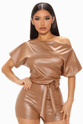 Women's PU Leather Romper Khaki