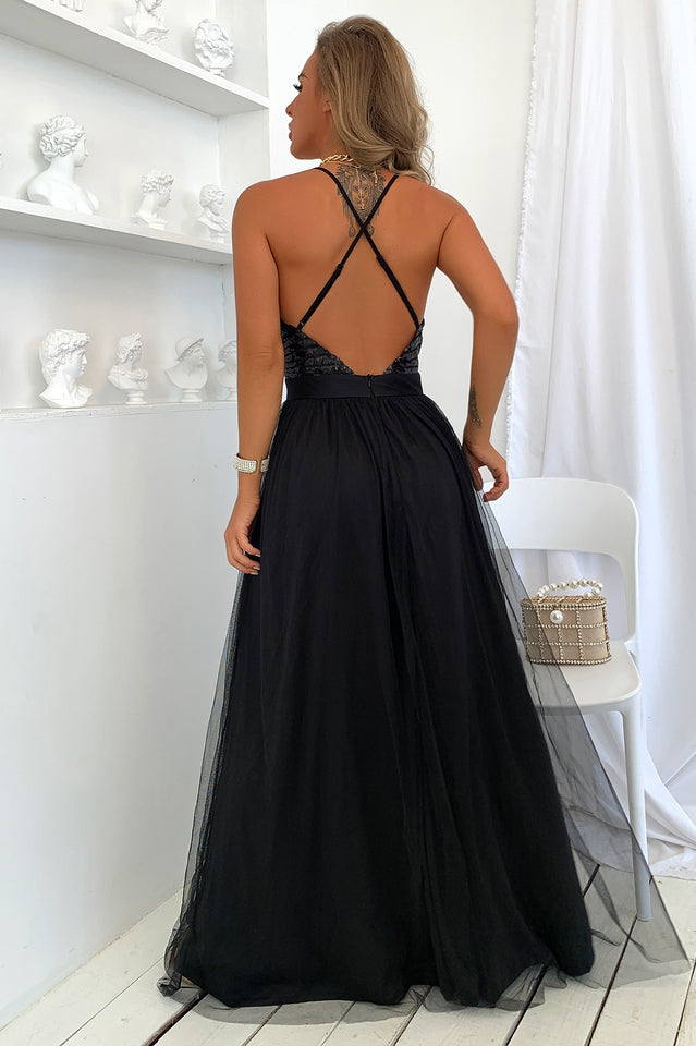 Women's Sequined Backless Tulle Evening Prom