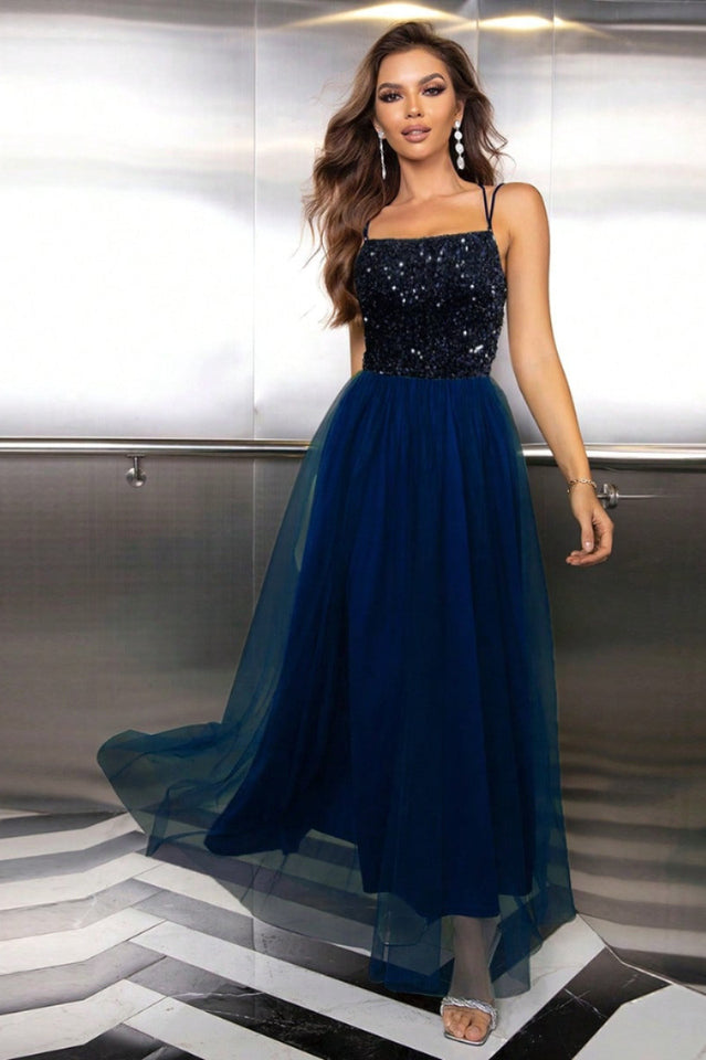 Women's Lace-Up Backless Mesh Dress Navy