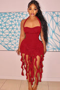 Women's Ruffle Tassel Halter Bustier Mini Dress Red