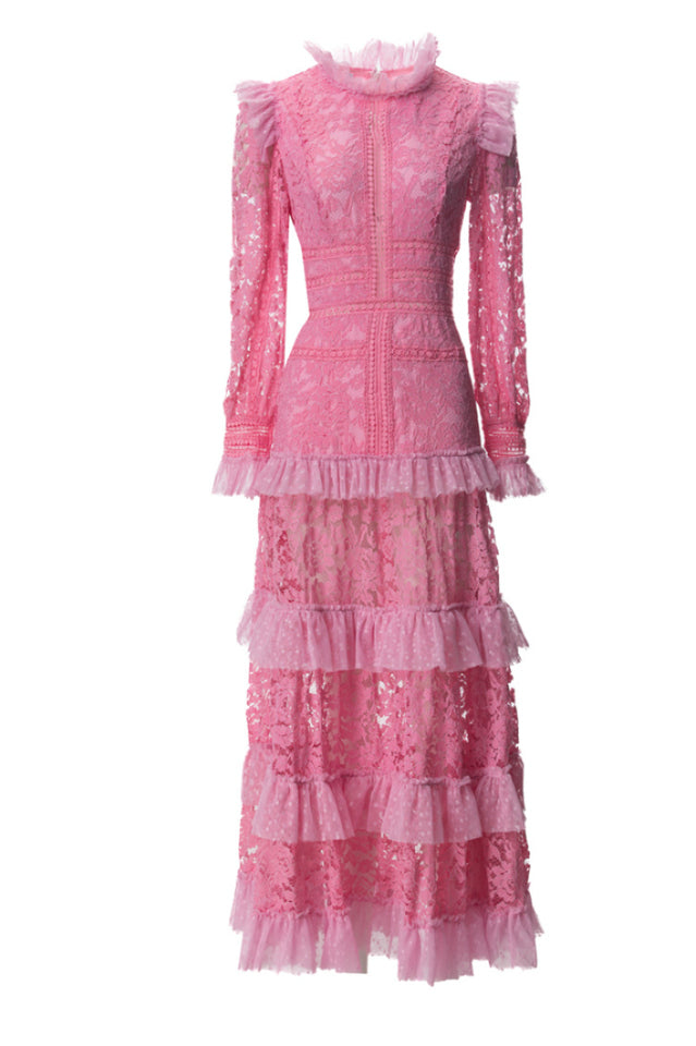 Women's Textured Maxi Dress With Long Sleeves Pink