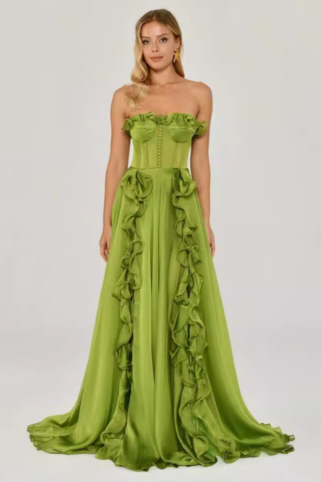 Women's Colombine Strapless Ruffle Maxi Dress Olive