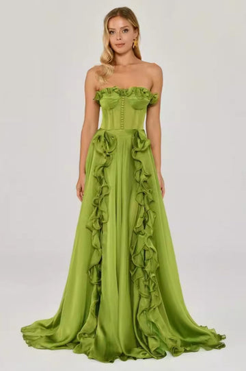 Women's Colombine Strapless Ruffle Maxi Dress Olive