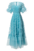 Women's Ruffle Tiered Spotted Tulle Maxi Dress Blue