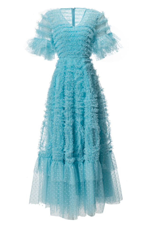 Women's Ruffle Tiered Spotted Tulle Maxi Dress Blue