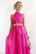 Women's Check Halter Neck Tie Waist Maxi Dress