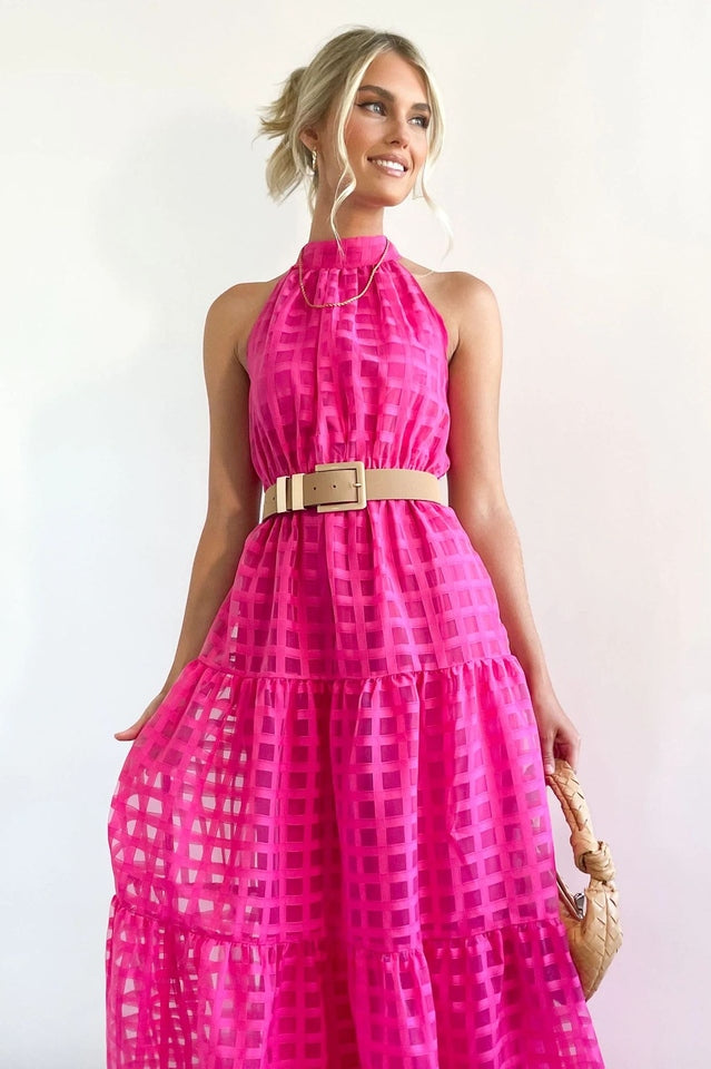 Women's Check Halter Neck Tie Waist Maxi Dress