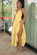 Women's V-Neck Bodysuit Wrap Skirt Set Yellow