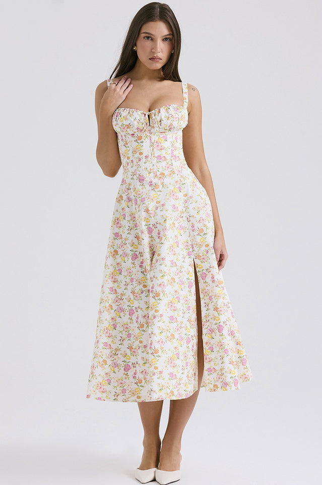 Women's Carmen Bustier Sundress Ivory Meadow Print