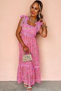 Women's Floral Lace Tied Strap Maxi Dress Pink