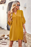 Women's Notched Neck Flare Sleeve Pocket Dress Yellow