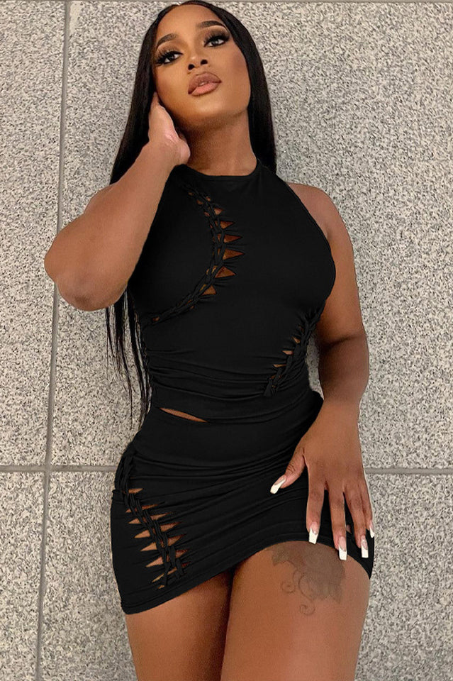 Women's Hollow Out Bodycon Skirt Set Black