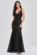 Women's Embroidered Sequins Mermaid Prom Dress Black