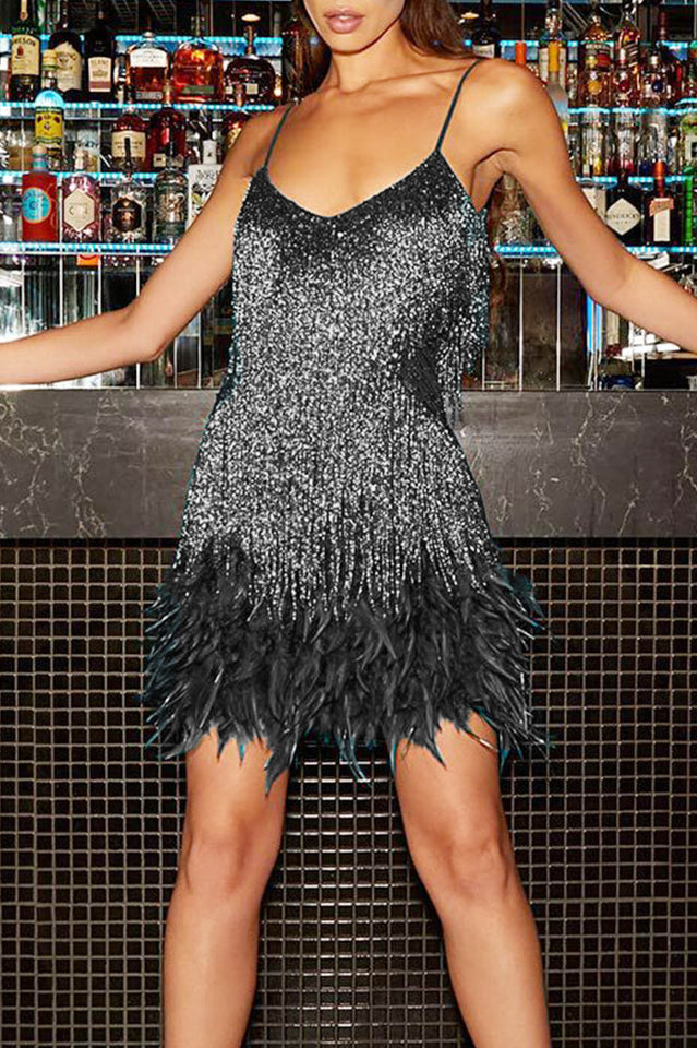 Women's Yvonne Sequin Feather Cocktail Dress Black