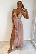 Women's Sequined Backless Tulle Evening Prom Champagne