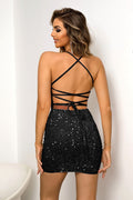 Women's Sequined Lace-Up Backless Mini Dress