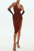 Women's Wrap V Neck High Slit Draped Slip Midi Dress Brown