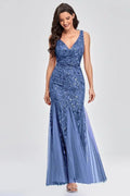 Women's Embroidered Sequins Mermaid Prom Dress Light Blue