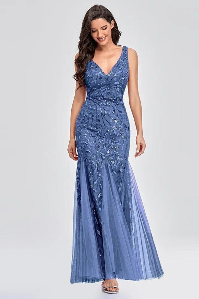 Women's Embroidered Sequins Mermaid Prom Dress Light Blue